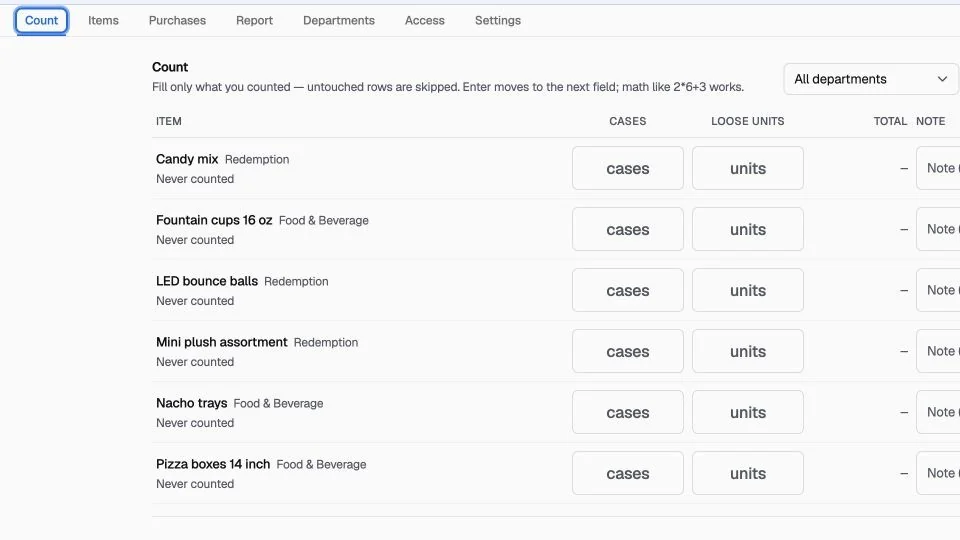 Inventory interface with fictional demo data