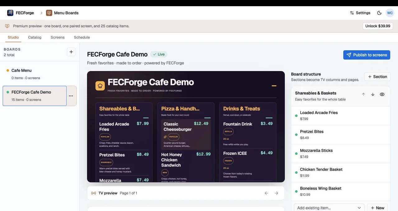 Menu Boards interface with fictional demo data